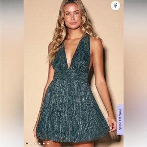 NWT Lulu’s Ailey Gold & Teal Blue Skater Dress | Size M